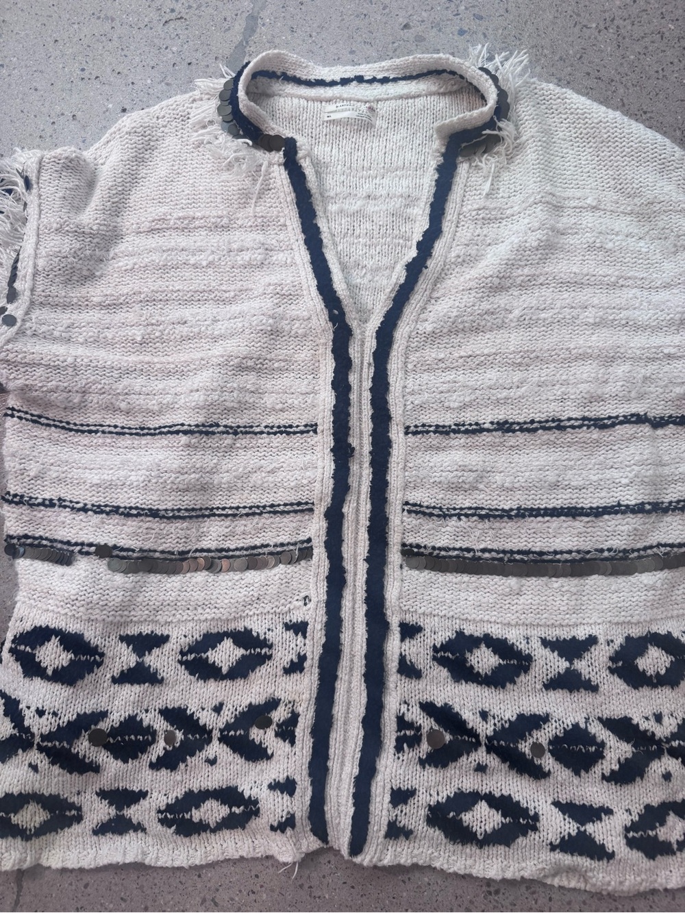 Anthropologie Ivory and Navy Fringe-Trim Open-Knit Cardigan